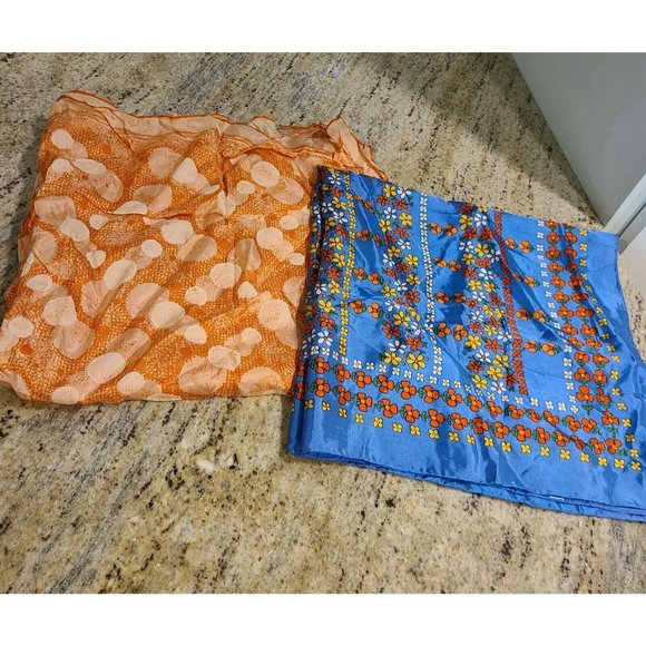 Set of 2 Vintage Silky Hand Rolled Scarves. Blue Orange Flower Abstract Vibrant - Picture 1 of 11